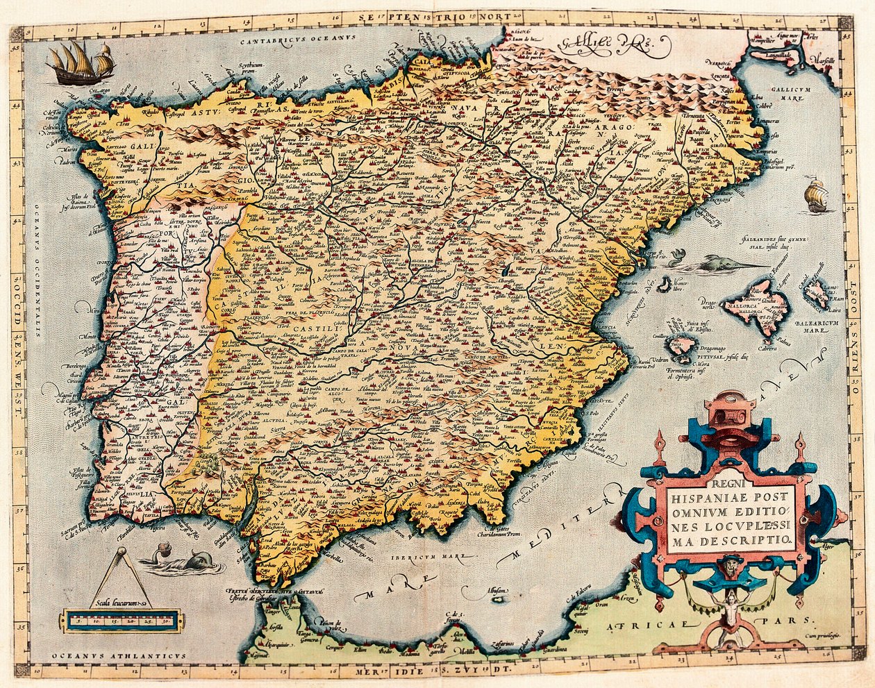 スペインの説明。アブラハム・オルテリウス（1527-1598）の「Theatrum Orbis Terrarum」からの地理地図 作： アブラハム・オルテリウス