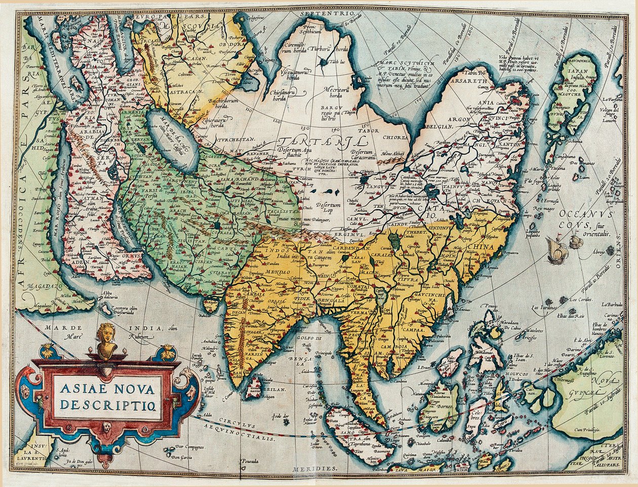 アジア大陸の説明、"Theatrum Orbis Terrarum "からの地理的な地図 作： アブラハム・オルテリウス