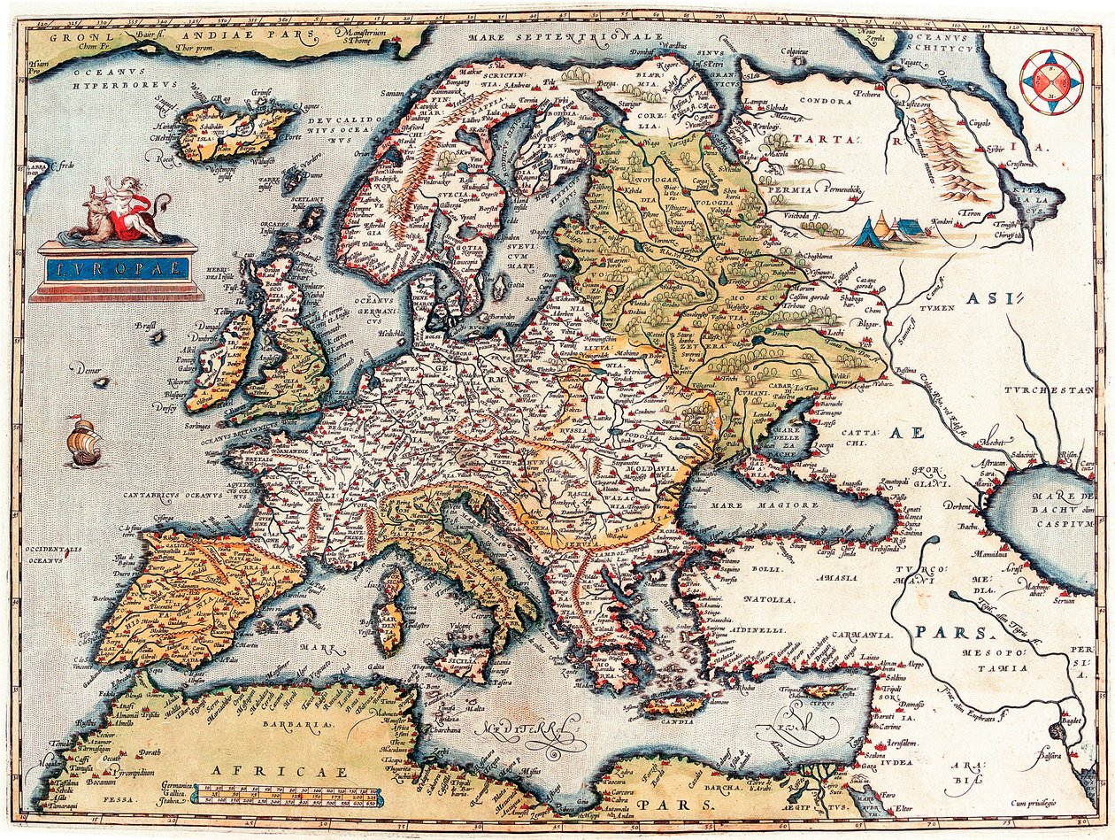 ヨーロッパ大陸の説明。アブラハム・オルテリウスの「世界の舞台」の地理地図 作： アブラハム・オルテリウス