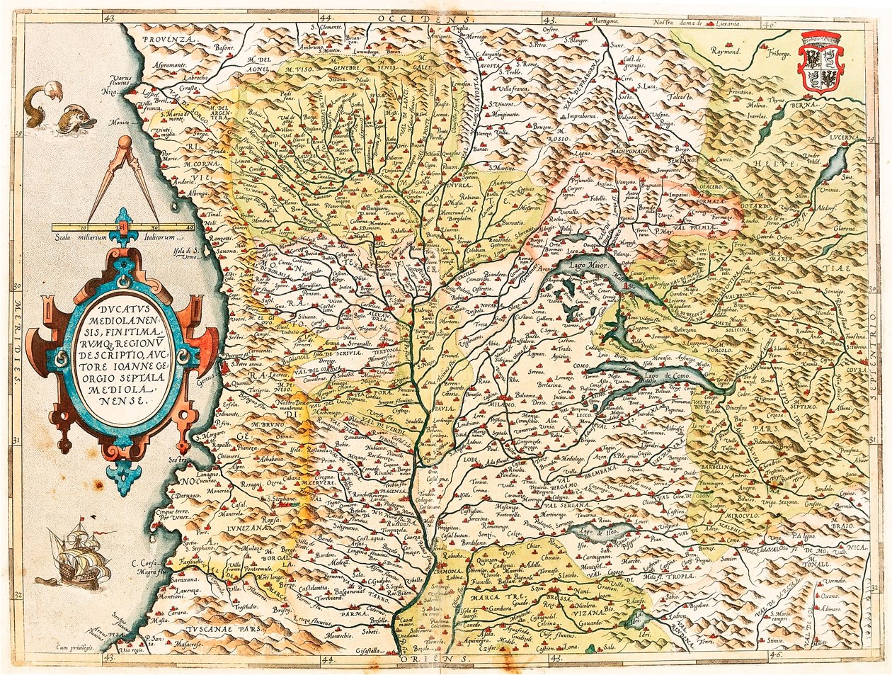 Ducatus Mediolanensis, Finitimarumq Regionu Descriptio Auctore Iooanne Georgio Septala Mediolanense Abraham Ortelius（Oertel, Ortell or Ortel）の「Theatrum Orbis Terrarum」からミラノ公爵の地理地図。 作： アブラハム・オルテリウス