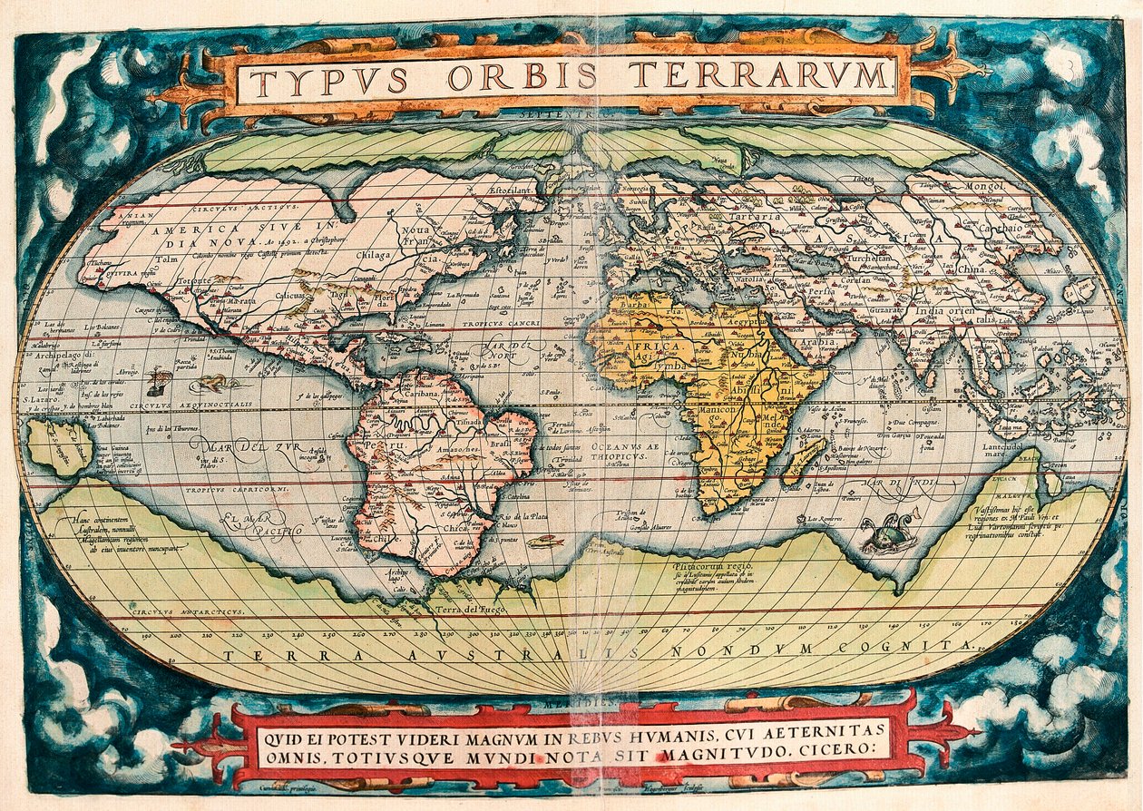地球地図（世界地図） アブラハム・オルテリウス（1527-1598）の「Theatrum Orbis Terrarum」に掲載されている地理地図。 作： アブラハム・オルテリウス