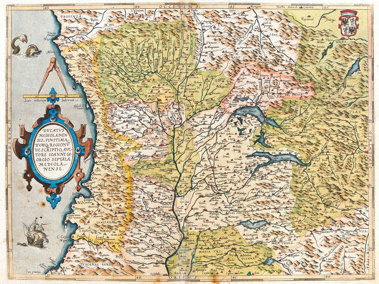 フランス（地方：、フランシュ＝コンテ、ローヌ＝アルプ、プロヴァンス＝アルプ＝コート・ダジュール）、南スイス、イタリア（地方：：リグーリア州、ピエモンテ州、アオスタ渓谷、ロンバルディア州、トレンティーノ＝アルト・アディジェ州西部、エミリア＝ロマーニャ州西部、トスカーナ州北西部） 作： アブラハム・オルテリウス