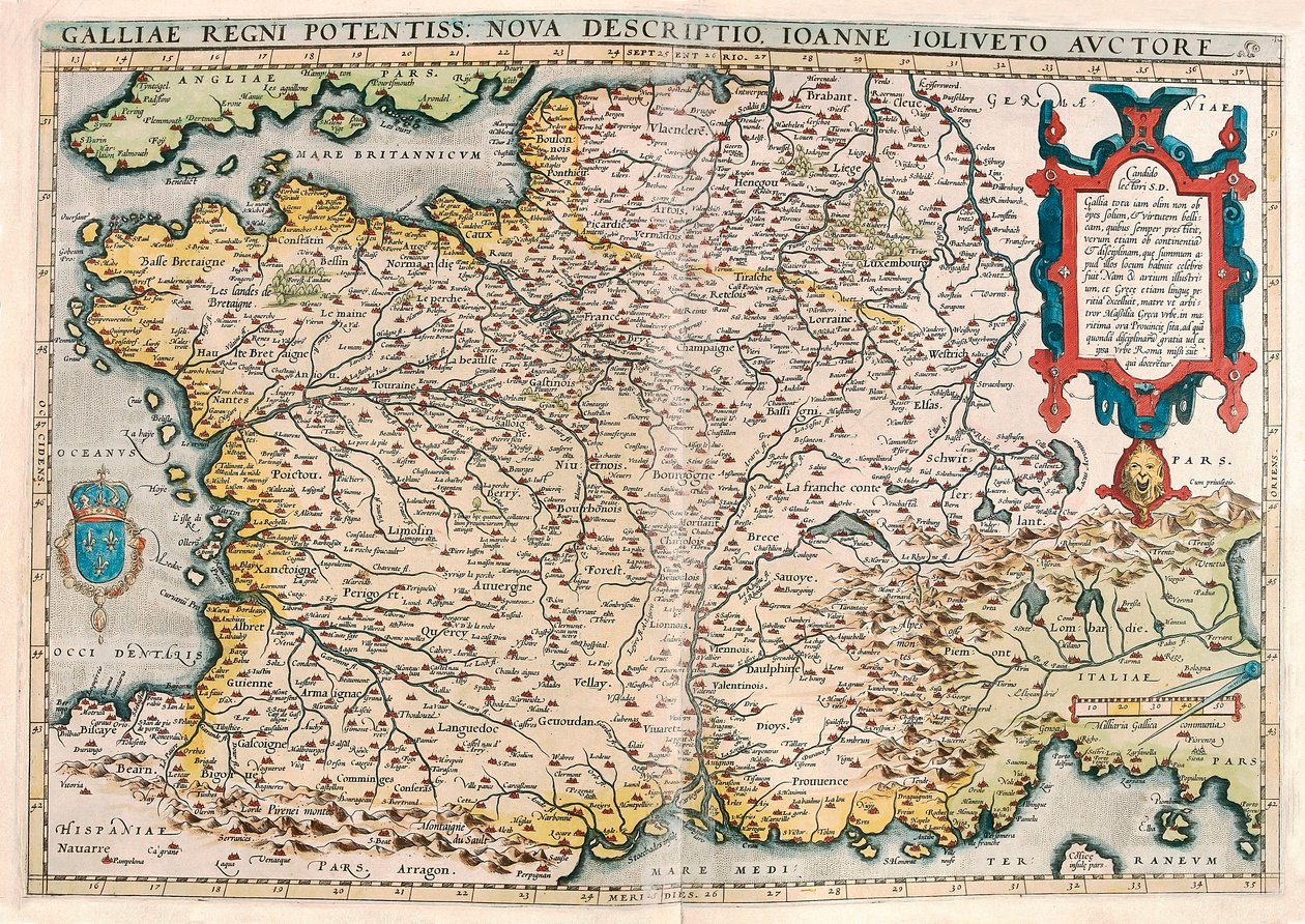 Galliae regni potentiss. nova descriptio.Ioanne Ioliveto auctore Abraham Orteliusの "Theatrum Orbis Terrarum "からのガリア（フランス）の領土の地理地図（Oertel, Ortell or Ortel 作： アブラハム・オルテリウス