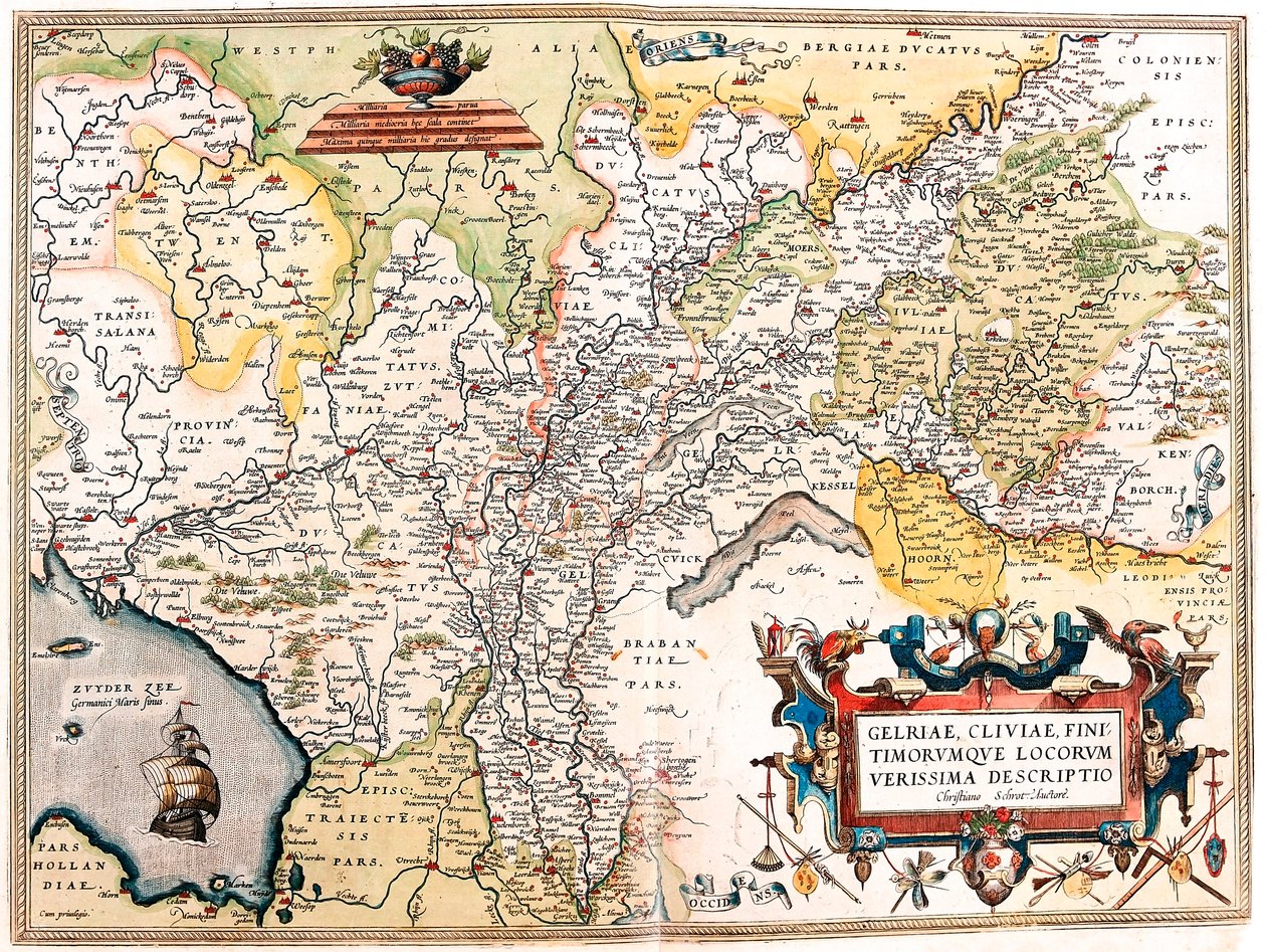 Gelriae, Cliviae, Finitimorum Qe Locorum Verissima Descriptio Christiano Schrot.Auctore.アブラハム・オルテリウスの「Theatrum Orbis Terrarum」からドイツ領オランダの地理地図（Oertel, Ortell or Ortel 作： アブラハム・オルテリウス