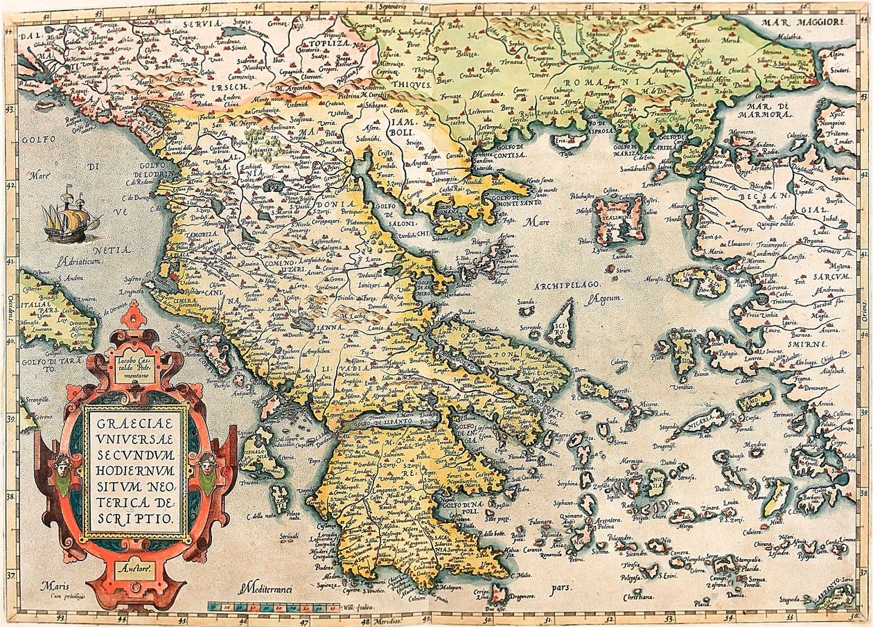 Graeciae Universae Secundum Hodiernum Neoterica Descriptio Abraham Ortelius (Oertel, Ortell or Ortel) の "Theatrum Orbis Terrarum "から引用した、ペロポネソス半島と島々を含むギリシャ領土の地理的地図。 作： アブラハム・オルテリウス