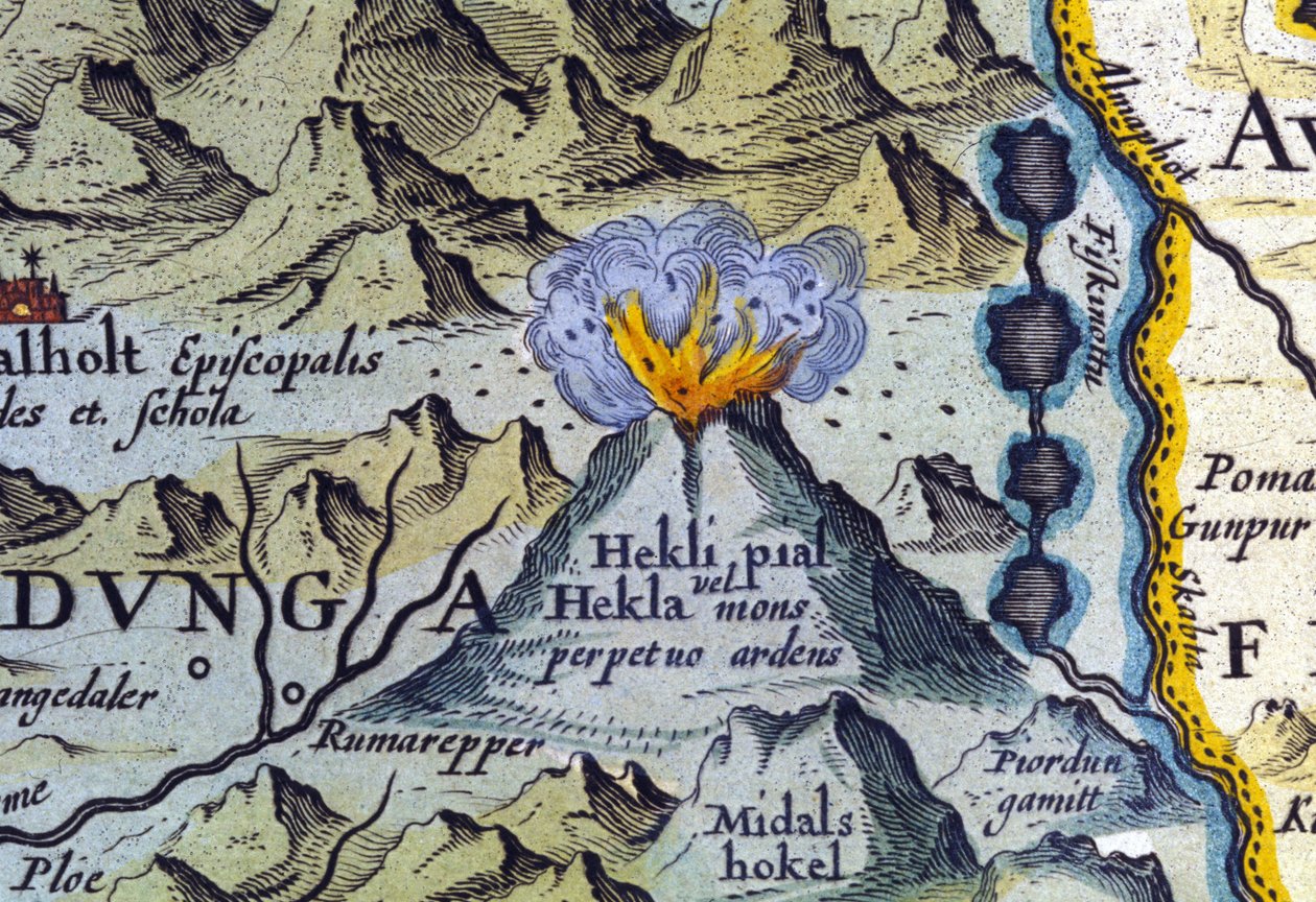 アイスランドのヘクラ火山。アブラハム・オルテリウスのアトラス、アムステルダム1588年。 作： アブラハム・オルテリウス