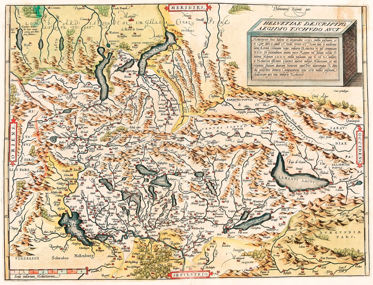 Helvetiae Descriptio Aegidio Tschudo Auct.エイブラハム・オルテリウスの "Theatrum Orbis Terrarum "から湖を含むスイス・フランス・アルプスの地理地図（Oertel, Ortell or Ortel 作： アブラハム・オルテリウス