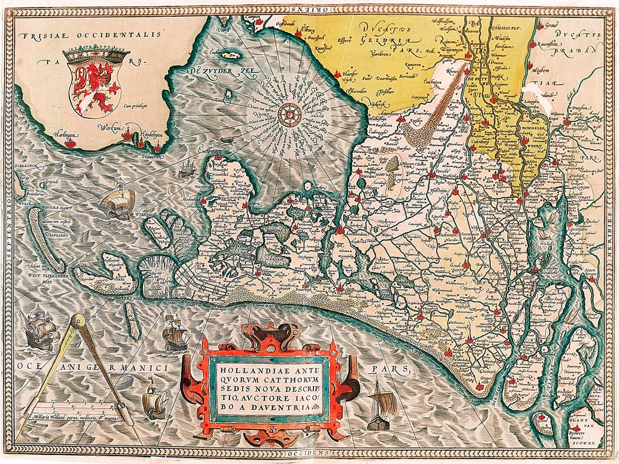 Hollandiae antiquorum catthorum sedis nova descriptio, auctore lacobo a daventria アムステルダムとハールレムの都市を含むオランダ領土の地理地図...アブラハム・オルテリウス（Oertel, Ortell or Orte）の「Theatrum Orbis Terrarum」から引用。 作： アブラハム・オルテリウス