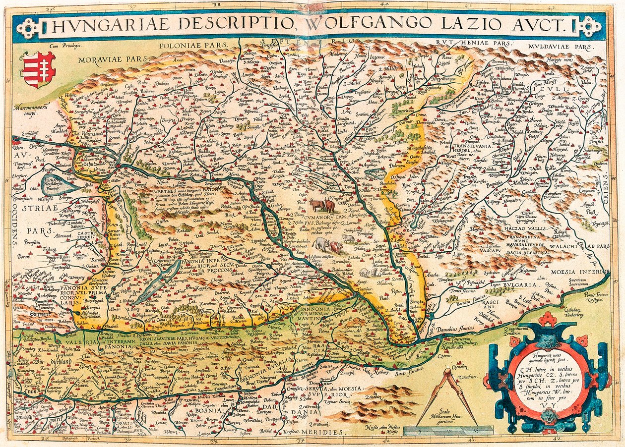 ハンガリーの説明図、ウォルフガンゴ・ラツィオ・アークトアブラハム・オルテリウスの "Theatrum Orbis Terrarum "によるハンガリー領土の地理地図（Oertel, Ortell or Ortel 作： アブラハム・オルテリウス