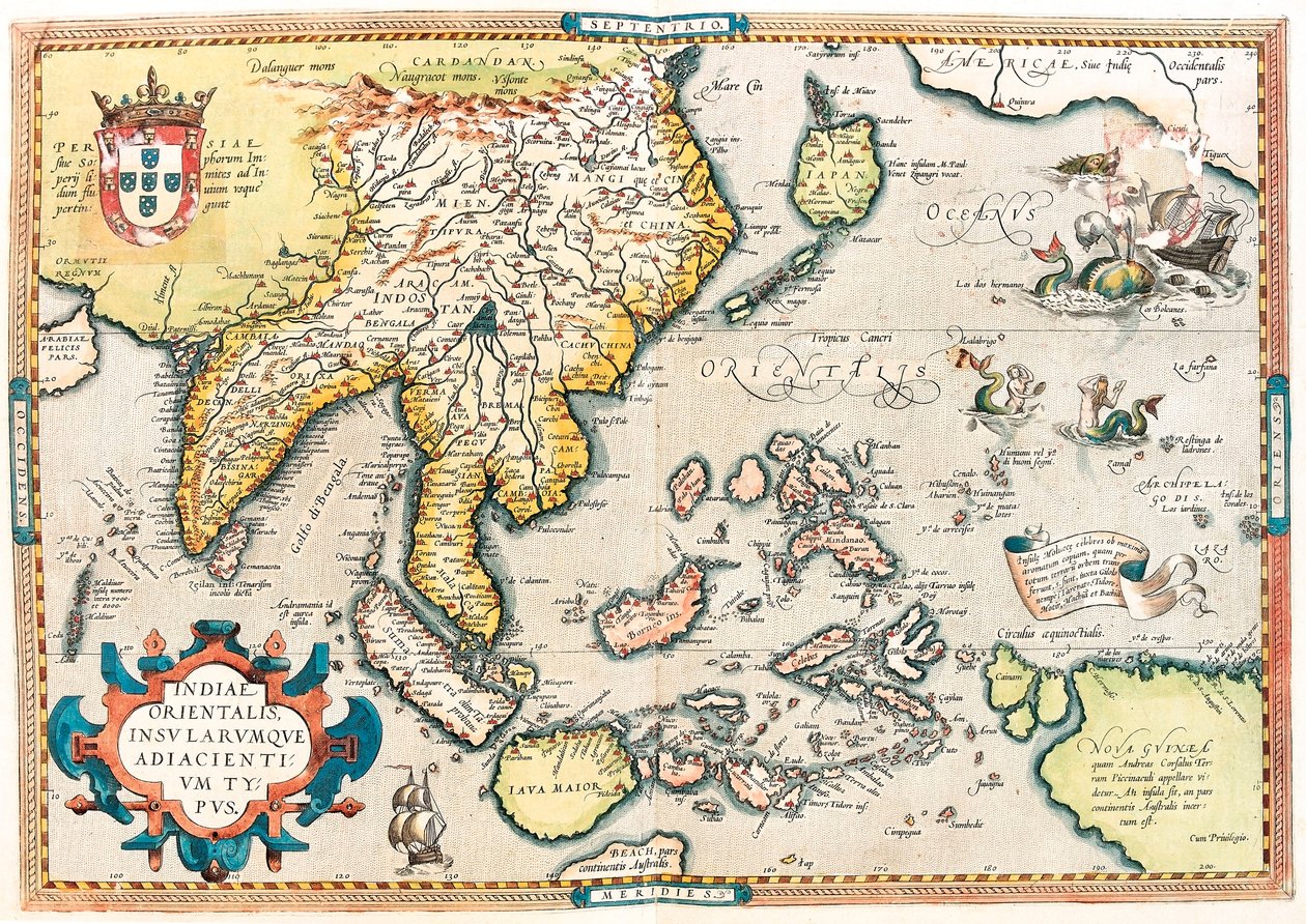 Indiae Orientalis Insularumque Adiacientium Typus.アブラハム・オルテリウスの「Theatrum Orbis Terrarum」から東インドと東南アジアの領域の地理地図（Oertel, Ortell or Ortel 作： アブラハム・オルテリウス