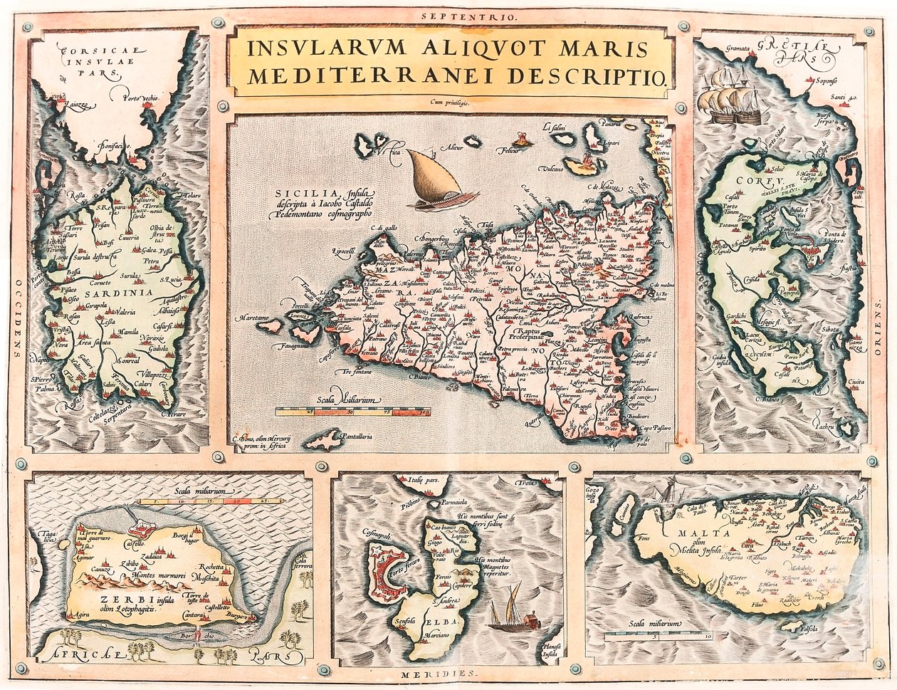 Insularum Aliquot Maris Mediterranei Descriptio.アブラハム・オルテリウスの "Theatrum Orbis Terrarum "から地中海の島々（Sicilia, Sardegna, Colfu, Malta Djerba, Elba）の地理地図（Oertel, Ortell 作： アブラハム・オルテリウス