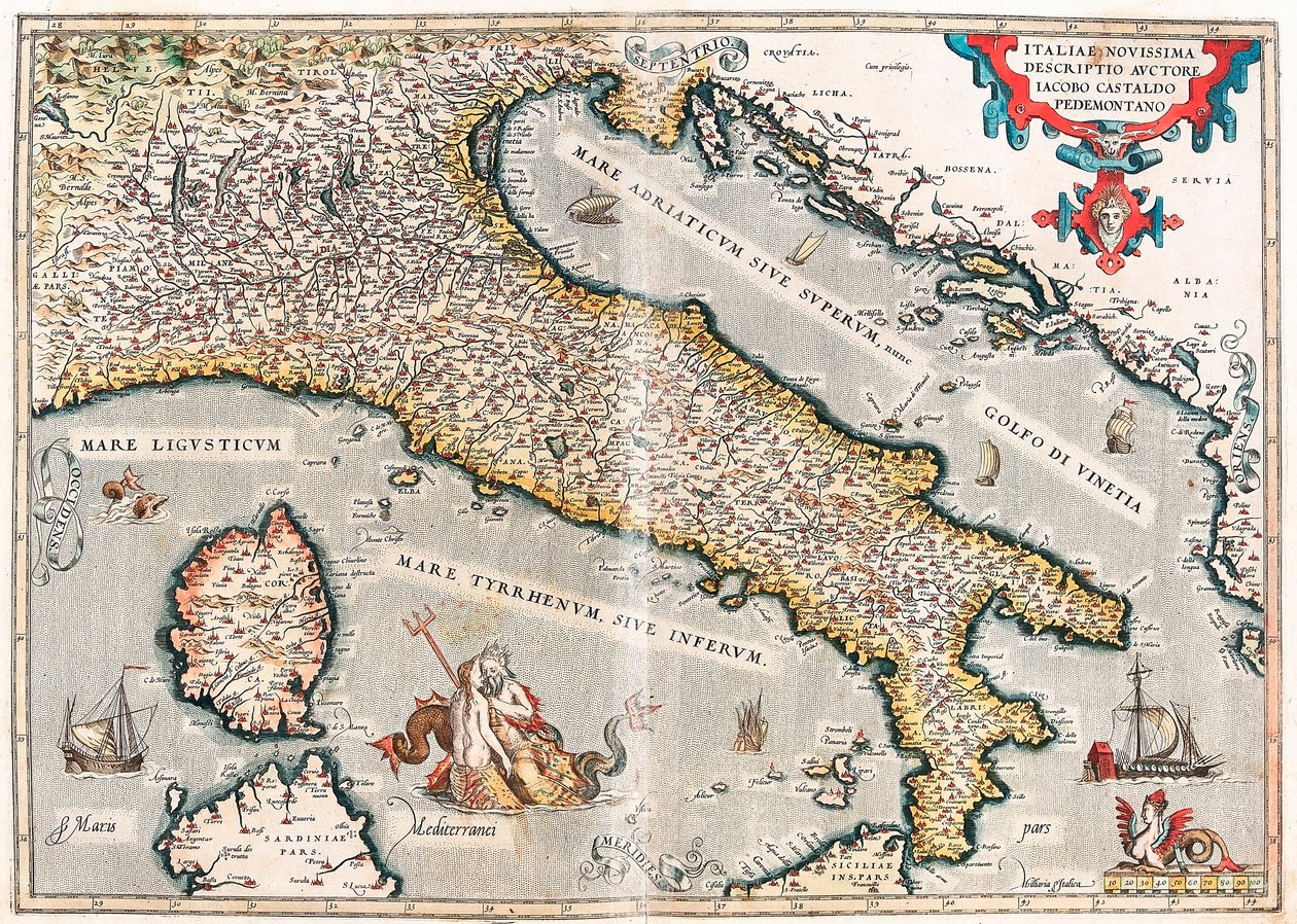 Italiae novissima descriptio auctore Iacobo Castaldo Pedemontano Abraham Ortelius (Oertel, Ortell or Ortel) の "Theatrum Orbis Terrarum "から引用したイタリア領土の地理地図。 作： アブラハム・オルテリウス