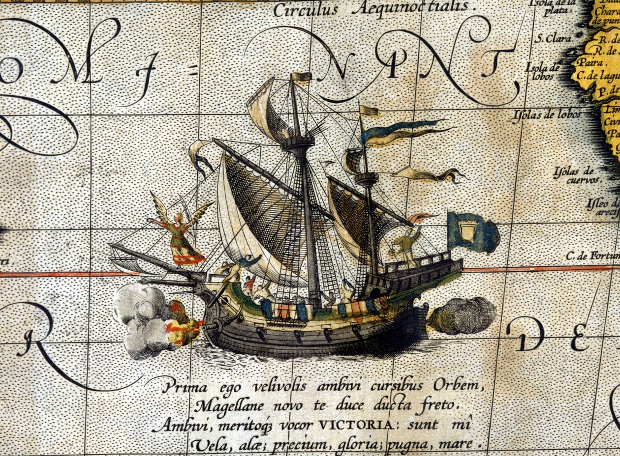オランダのアブラム・オルテリウスの地図（1580年）に描かれた、太平洋を横断したマゼランの船「ビクトリア」。 作： アブラハム・オルテリウス
