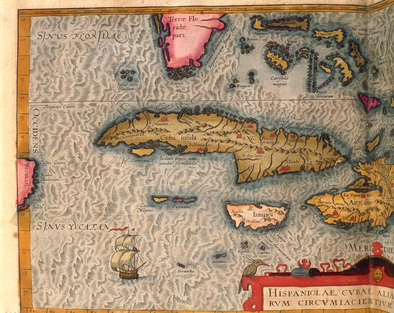 キューバとジャマイカの地図（アントワープで印刷されたエイブラハム・オルテリウスの『Theatrum Orbis Terrarum』より 作： アブラハム・オルテリウス