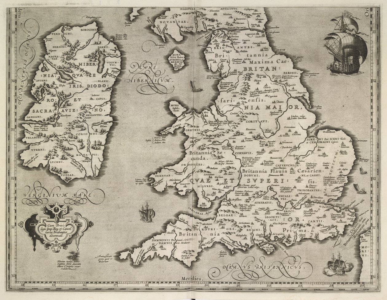 イングランド、ウェールズ、アイルランドの地図、Theatrvm Orbis Terrarvm By Abraham Ortelius 作： アブラハム・オルテリウス