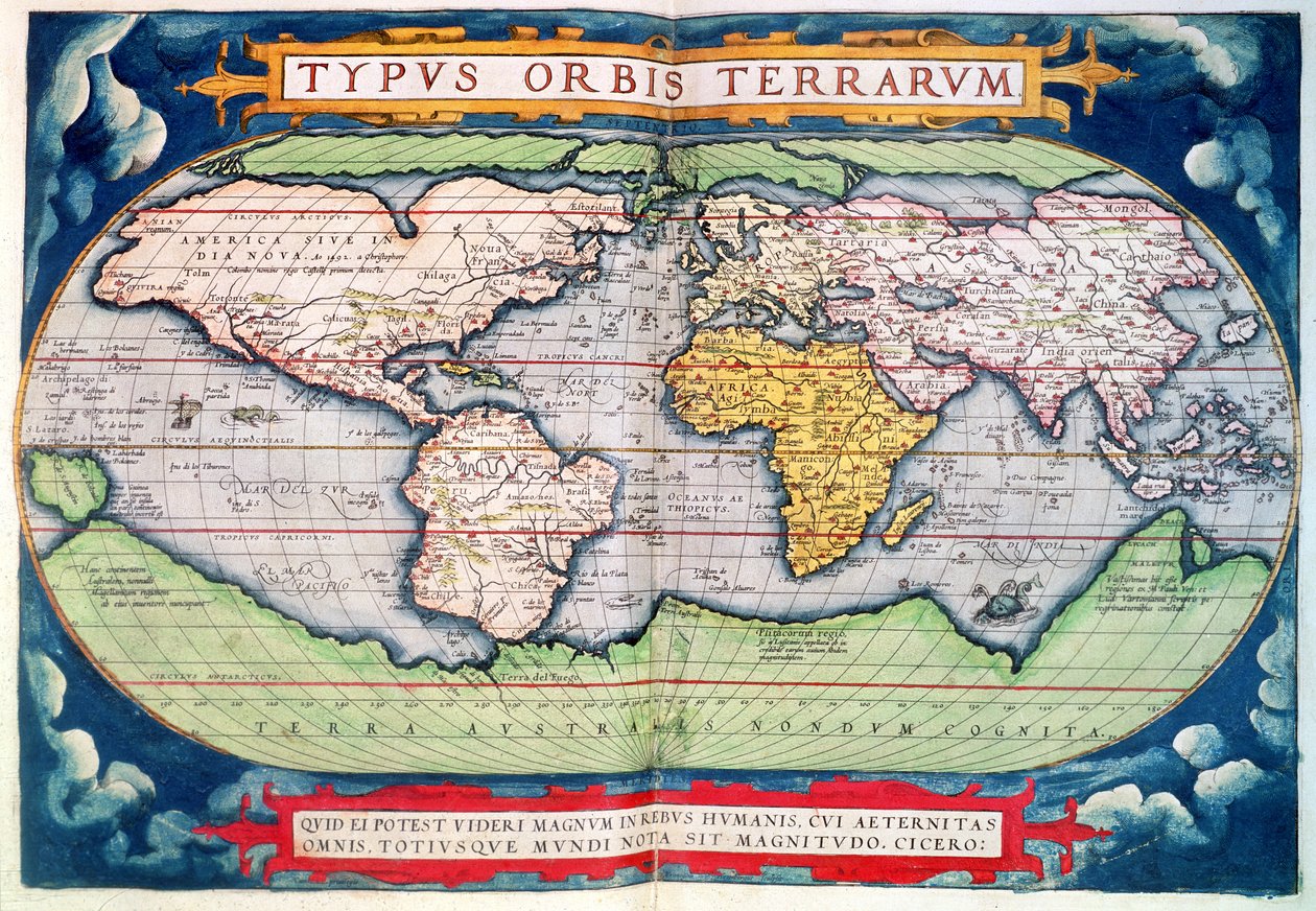 世界地図: オルテリウスの「アメリカの新世界」より「Typus Orbis Terrarum」 作： アブラハム・オルテリウス