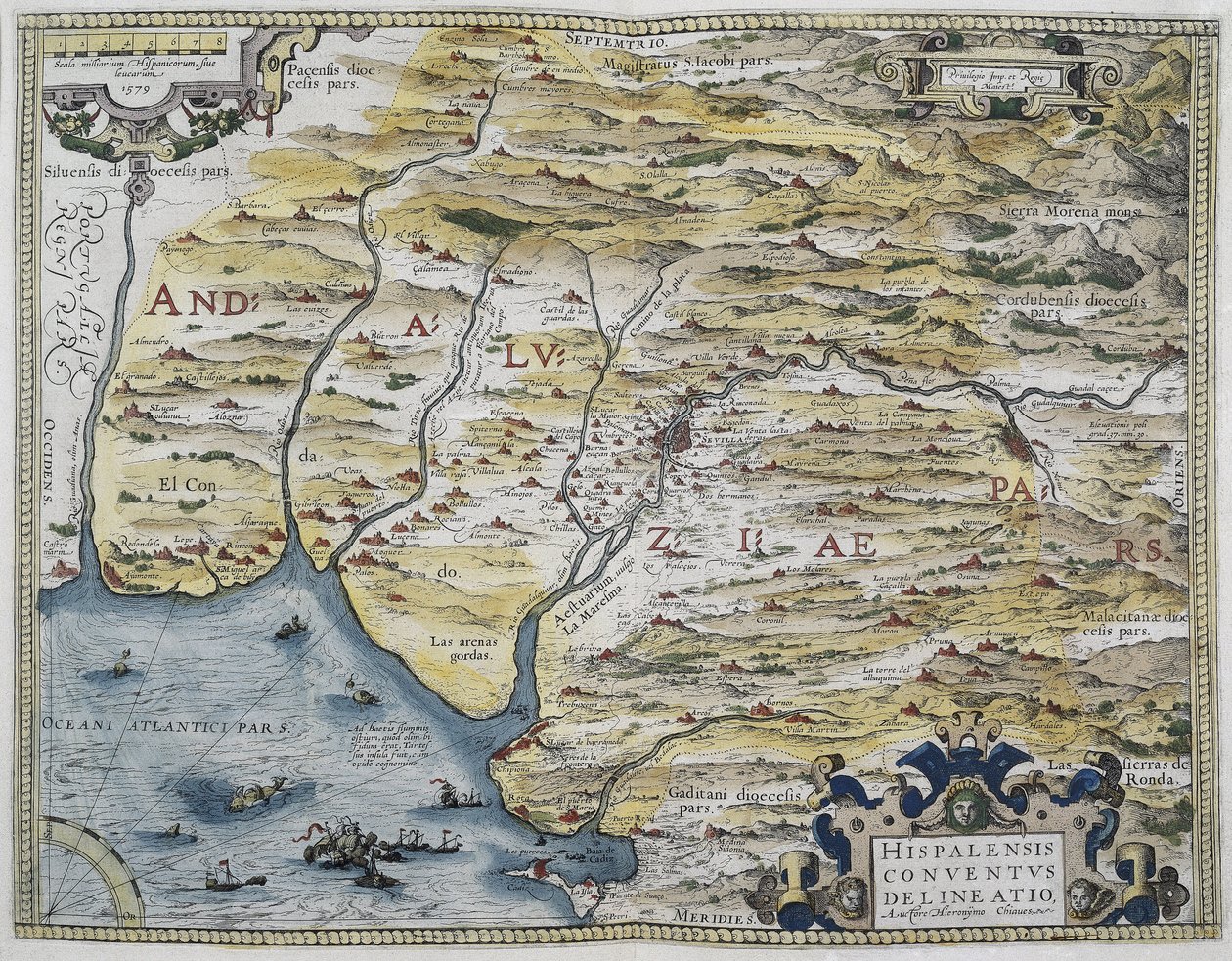 ORTELIUS, Abraham (1527-1598).Theatrum Orbis Terrarum.1570.最初の近代的地図帳とされる。CHAVES, Jeronimo de (1523-1574)。数学者、天文学者、航海士。アンダルシア西部の地図。ヒエロニムス・キアヴェスの地図に基づく。 作： アブラハム・オルテリウス