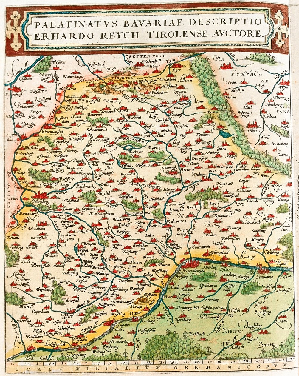 Palatinatus Bavariae descriptio Erhardo Reych Tirolense Auctore Abraham Ortelius (Oertel, Ortell or Ortel) の "Theatrum Orbis Terrarum "からドイツのバビエの領土の地理地図。 作： アブラハム・オルテリウス