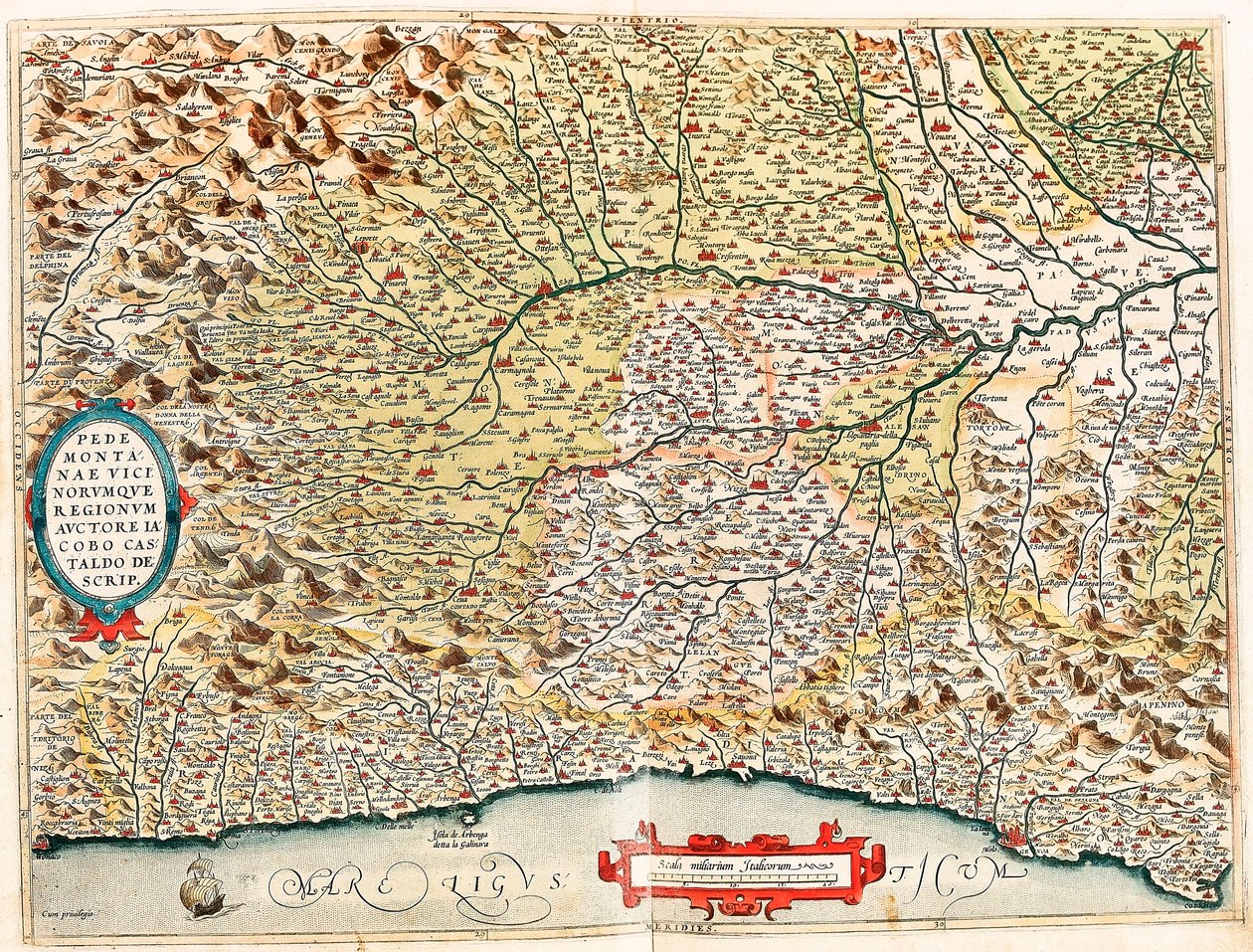 Pedemontanae Vicinorumque Regionum Auctore Iacobo Castaldo Descrip.アブラハム・オルテリウスの "Theatrum Orbis Terrarum "から、フランスのモナコからジェネスまで、インペリア・デ・サヴォナとジェノバの州を通過したイタリアの領土の地理地図( 作： アブラハム・オルテリウス