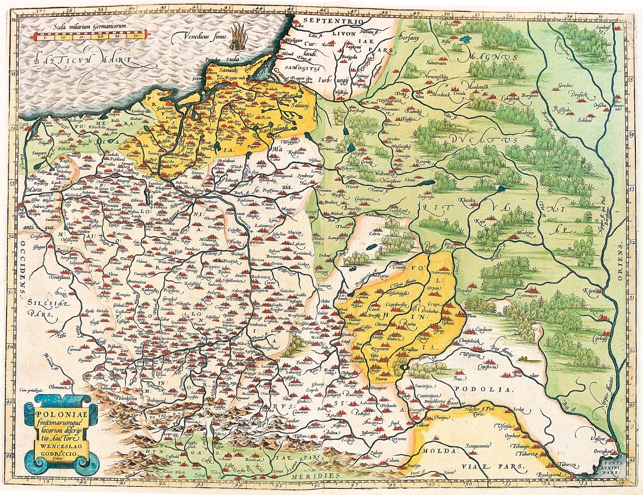 Poloniae finitimarumque locorum descriptio.アブラハム・オルテリウスの "Theatrum Orbis Terrarum "によるポーランドの地理地図（Oertel, Ortell or Ortel 作： アブラハム・オルテリウス