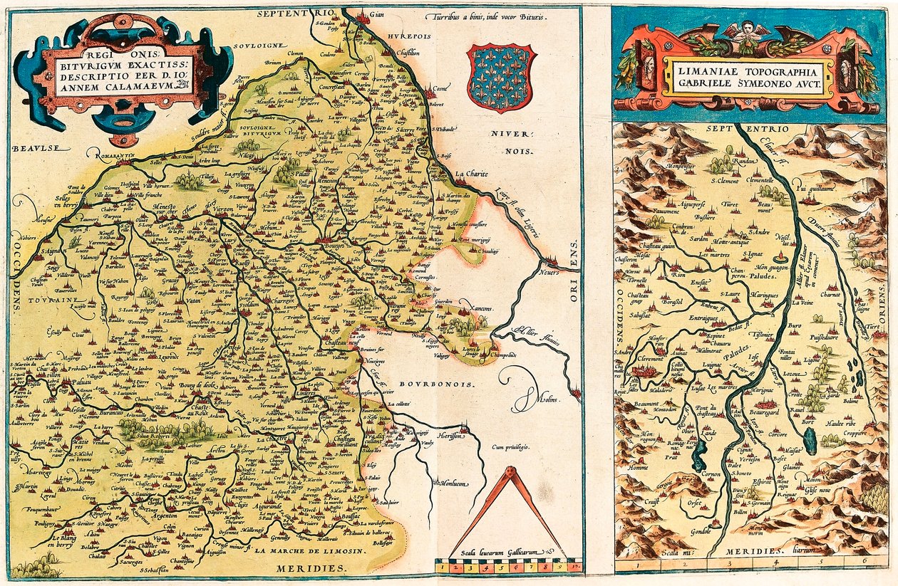 Regionis Biturigum accurss descriptio per D. Ioannem Calamaeum Abraham Ortelius (Oertel, Ortell or Ortel) の "Theatrum Orbis Terrarum "より、ガリア（フランス）のブールジュの領土と中心部の地域の地理地図。 作： アブラハム・オルテリウス