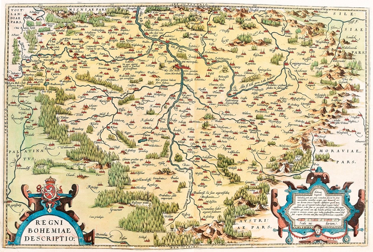 Regni Bohemiae Descriptio Abraham Orteliusの "Theatrum Orbis Terrarum "からのボヘミア領土の地理地図（Oertel, Ortell or Ortel）。 作： アブラハム・オルテリウス