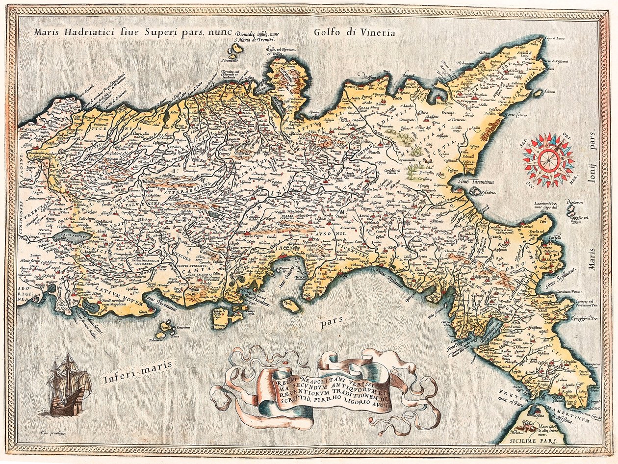 Regnii Neapolitani verissima secundum antiquorum and recentiorum traditionem descriptio, Pyrrho Ligorio auct.アブラハム・オルテリウスの "Theatrum Orbis Terrarum "によるイタリア・ナポリ王国領の地理図（Oertel, Ortell or Ortel 作： アブラハム・オルテリウス