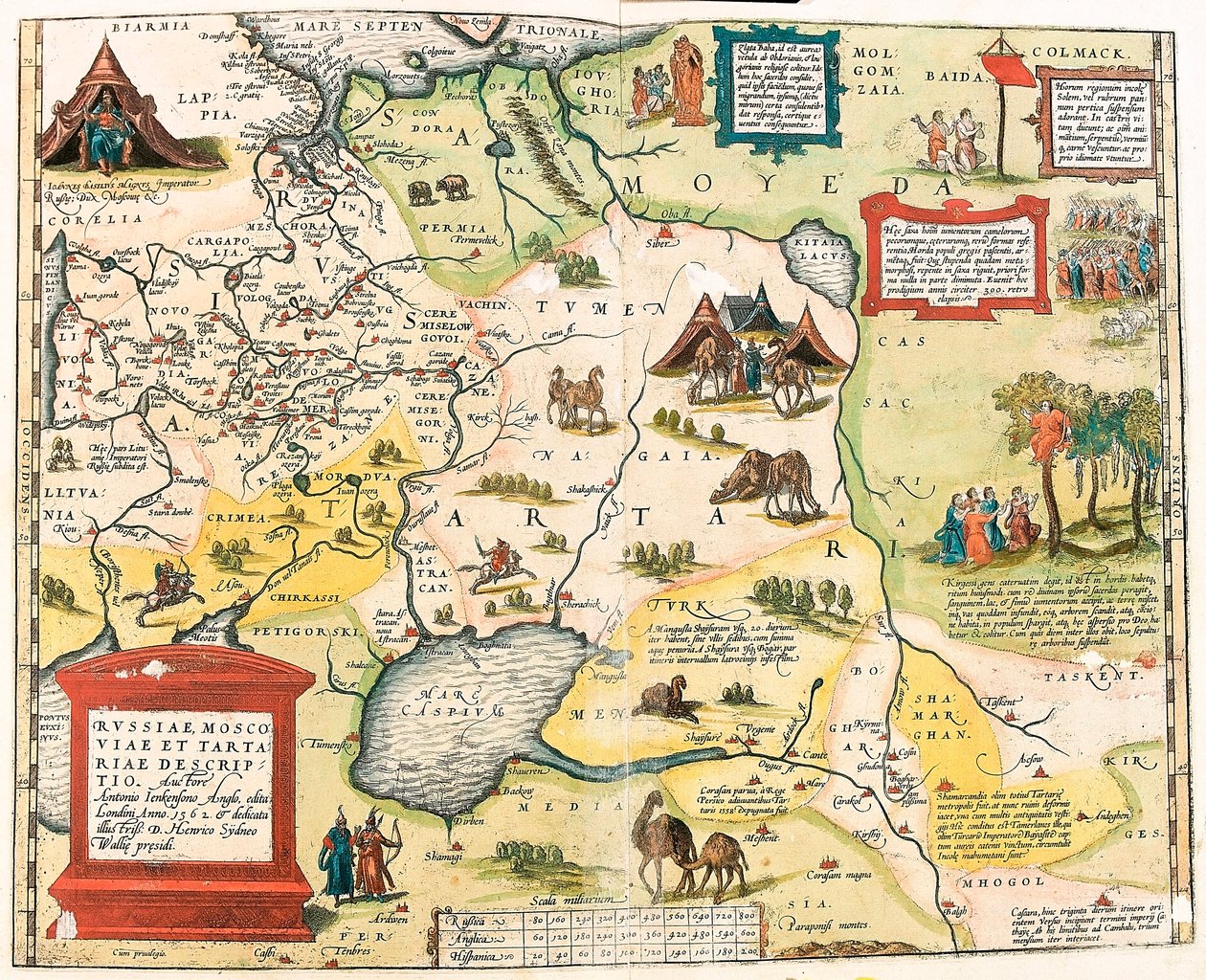 Russiae, Moscoviae and Tartariae descriptio.Auctore Antonio Ienkensono Anglo, edita Londini anno 1562 Abraham Orteliusの "Theatrum Orbis Terrarum "からのロシア領土の地理地図（Oertel, Ortell or Ortel 作： アブラハム・オルテリウス