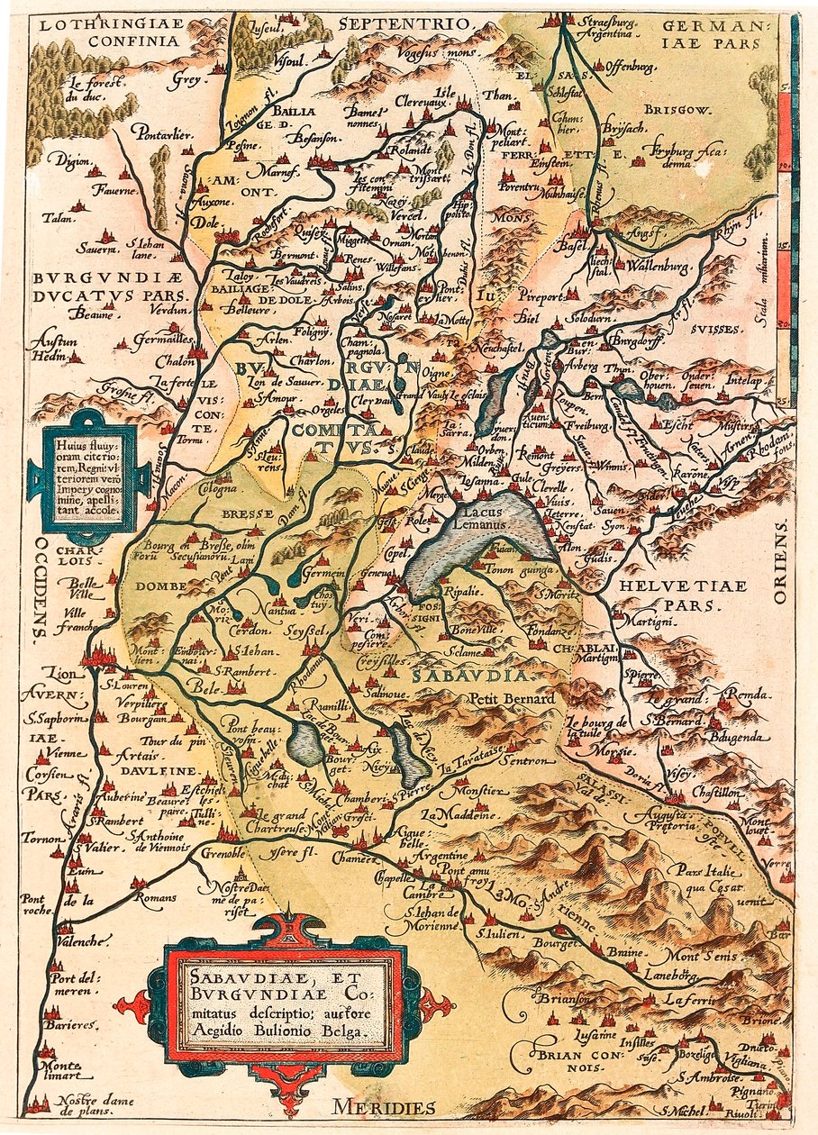 Sabaudia et Burgundiae Comitus 説明 アブラハム・オルテリウス（Oertel, Ortell or Ortel）の『Theatrum Orbis Terrarum』に掲載されたブルゴーニュとサヴォイの領土（ポンタリエ、ディジョン、レーマン湖、スイス）の地理地図です。 作： アブラハム・オルテリウス