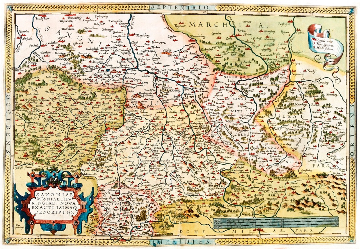 Saxoniae, Misniae, Thuringiae, Nova Accurssimaque Descriptio アブラハム・オルテリウス（Oertel, Ortell or Ortel）の「Theatrum Orbis Terrarum」から、ドイツのザクセン州、チューリンゲン州の領土を描いた地理図です。 作： アブラハム・オルテリウス