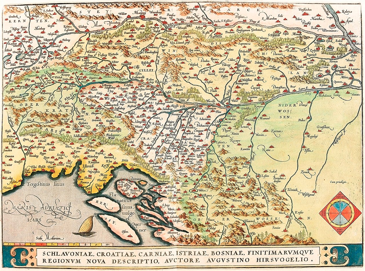 Schlavoniae, Croatiae, Carniae, Istriae, Bosniae, Finitimarumque Regionum Nova Descriptio, Auctore Augustino Hirsuogelio Abraham Orteliusの "Theatrum Orbis Terrarum "からSlavonia、Croatia、Bosnia、Dalmatiaの領土を描いた地理地図（Oertel, 作： アブラハム・オルテリウス