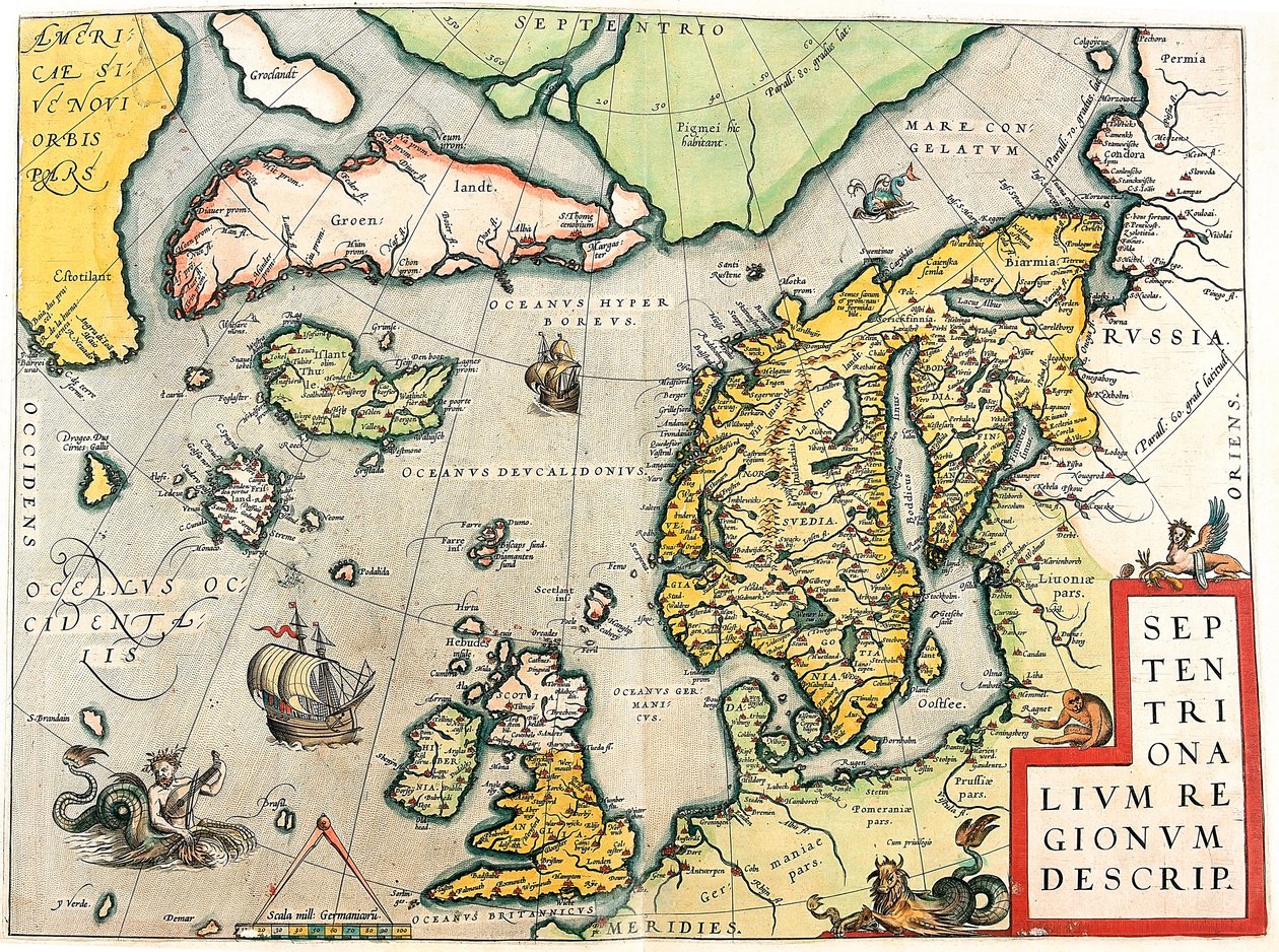 Septentrionalium Regionum Descrip.アブラハム・オルテリウスの「Theatrum Orbis Terrarum」に掲載されているスカンジナビアと北欧の地理地図（Oertel, Ortell or Ortel 作： アブラハム・オルテリウス