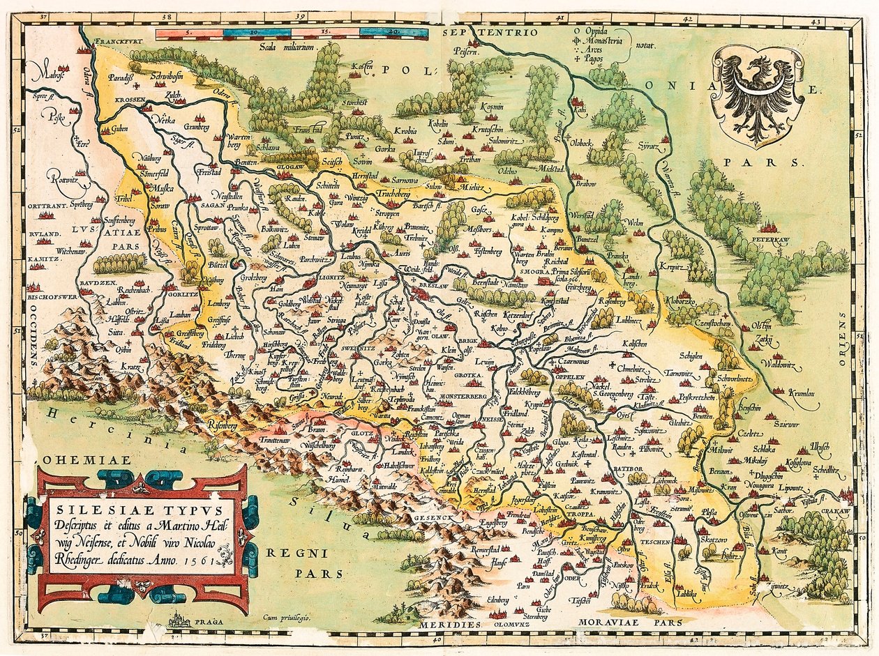 Silesia Typus Descriptio and Descriptus et editus Martino Heilwid Neilsense, and Nobili viro Nicolao Rhedinger dedicatus Anno 1561 エイブラハム・オルテリウスの "Theatrum Orbis Terrarum "から、ポーランドに近いドイツのフランクフルト以南の領土を描いた地理地図( 作： アブラハム・オルテリウス