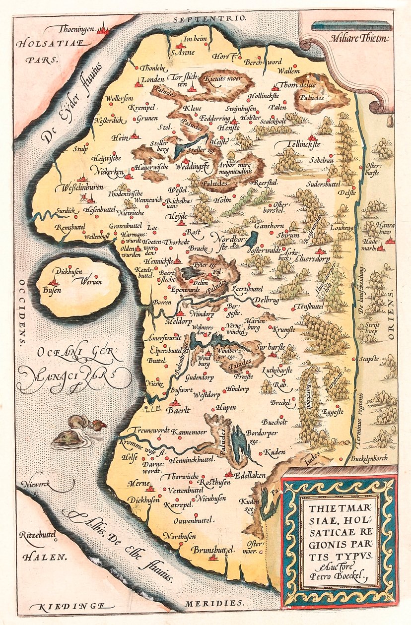 Thietmarsiae, Holsaticae regionis parties typus Abraham Ortelius (Oertel, Ortell or Ortel) の "Theatrum Orbis Terrarum "から引用したKudenの都市を含む北ドイツの地理地図。 作： アブラハム・オルテリウス