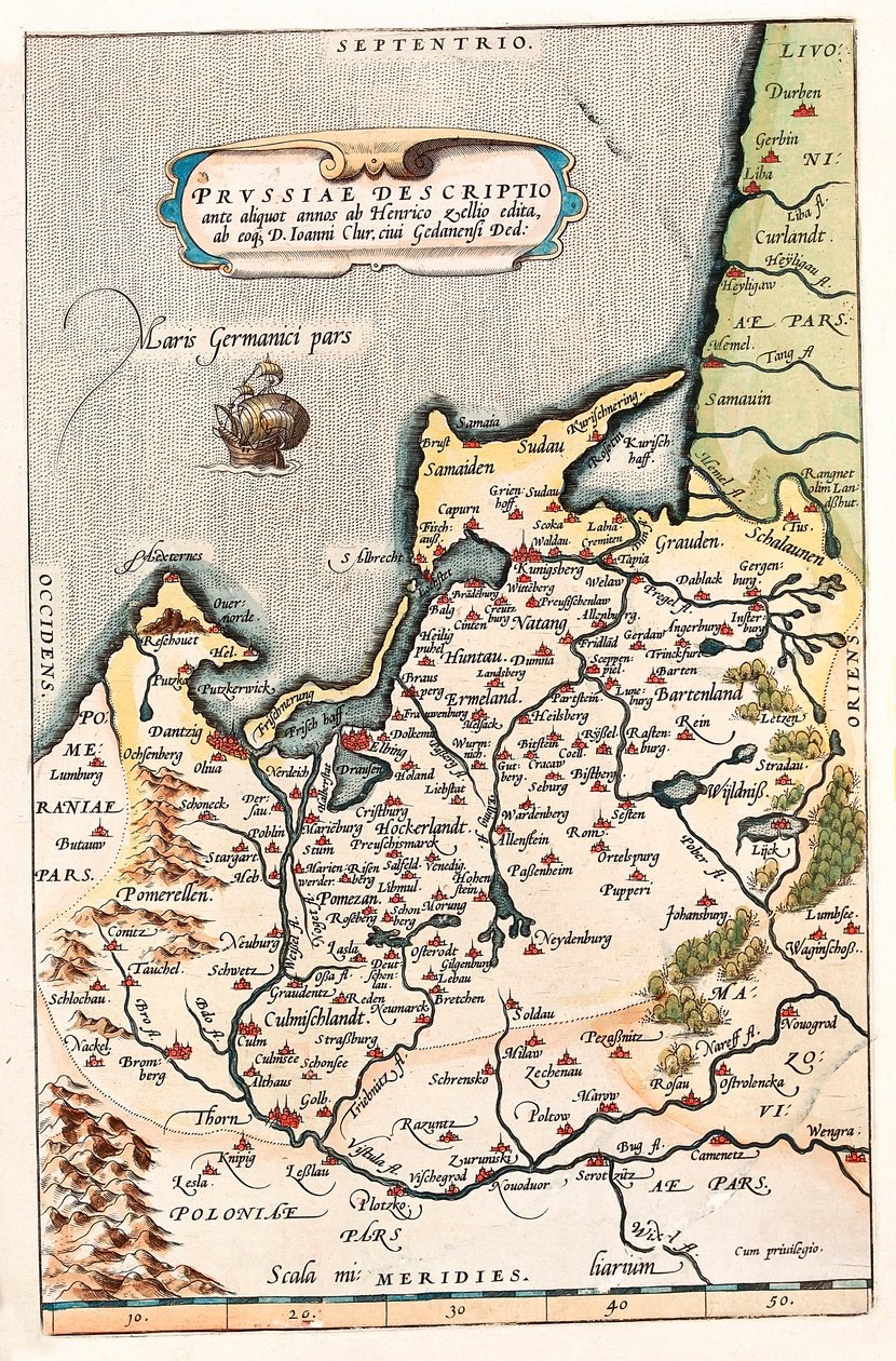 Thietmarsiae, Holsaticae regionis parties typus Abraham Ortelius（Oertel, Ortell or Ortel）の "Theatrum Orbis Terrarum "から引用したDantzig（ダンツィッヒ、グダニスク）の都市を含むポーランド北部の領土の地理的地図。 作： アブラハム・オルテリウス