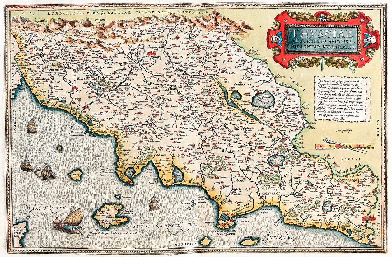 Thusciae.Descriptio auctore Hieronymo Bellamarto Abraham Orteliusの "Theatrum Orbis Terrarum "からイタリアのトスカーナ地方の領土を描いた地理地図（Oertel, Ortell or Ortel 作： アブラハム・オルテリウス