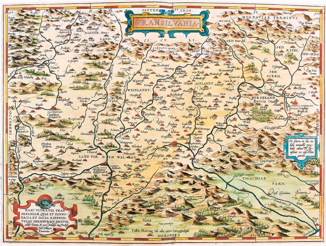 Transilvania Abraham Orteliusの "Theatrum Orbis Terrarum "によるTransilvania領域（Transylvania）の地理地図（Oertel, Ortell or Ortel）。 作： アブラハム・オルテリウス