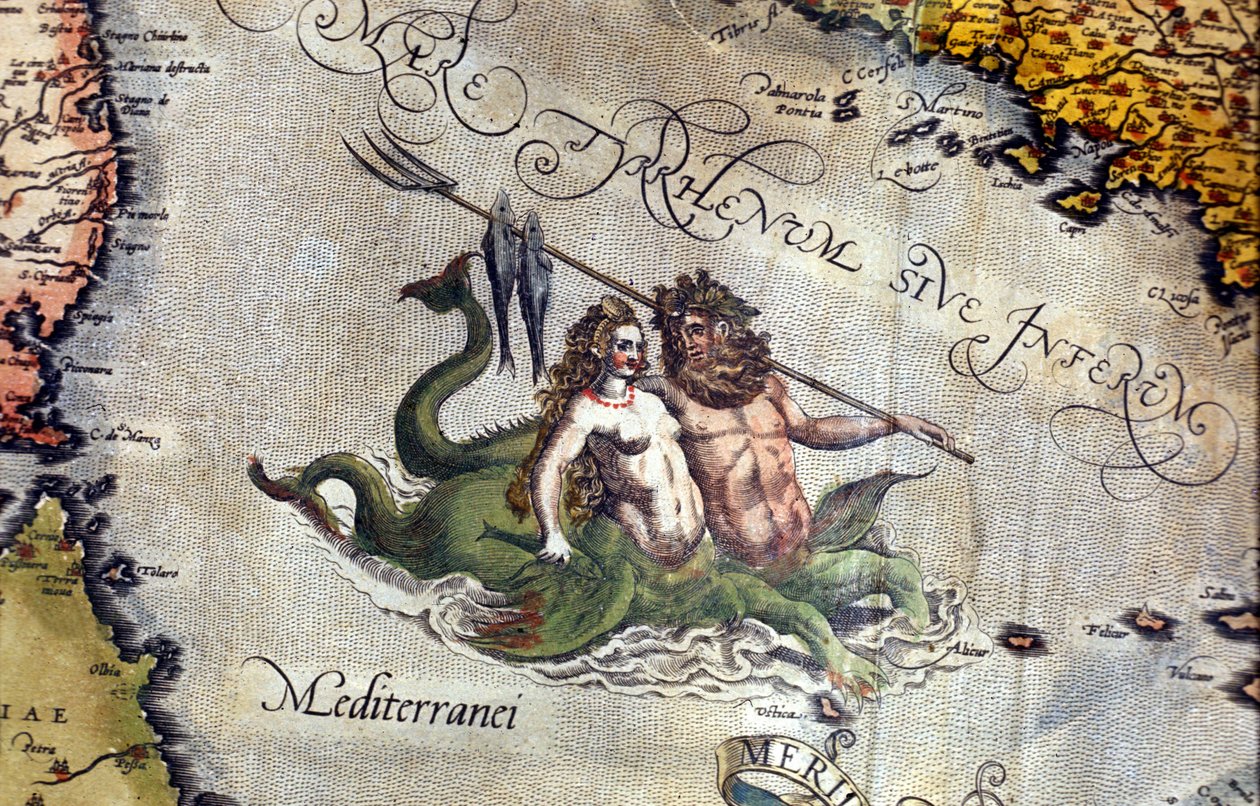 地中海に浮かぶトリトンとシレーヌ。アブラーム・オルテリウスの "Theatrum Orbis Terrarum"、アントワープ1584年。 作： アブラハム・オルテリウス