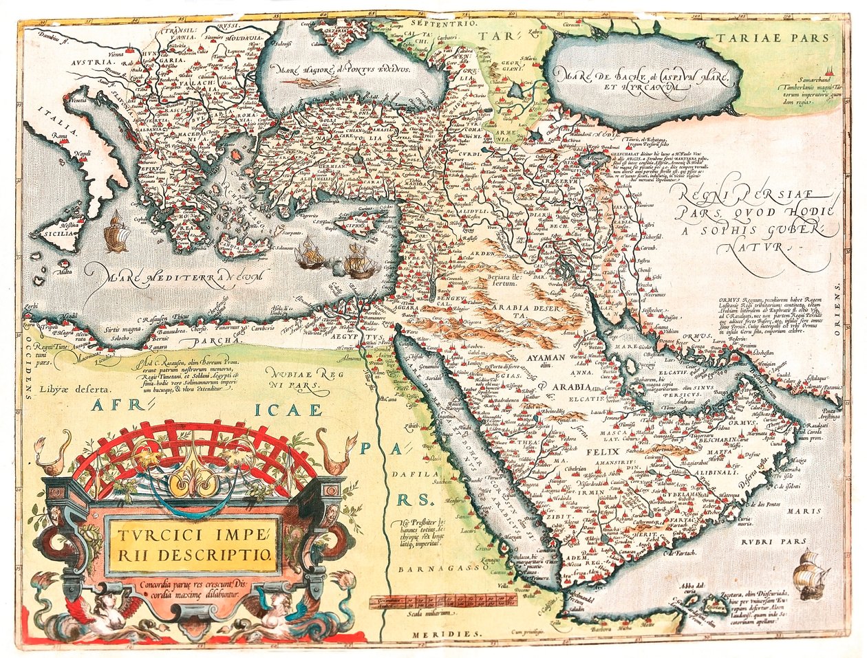 Turcici imperii descriptio Abraham Orteliusの "Theatrum Orbis Terrarum "から抜粋したオスマン帝国の領土の地理地図（Oertel, Ortell or Ortel 作： アブラハム・オルテリウス