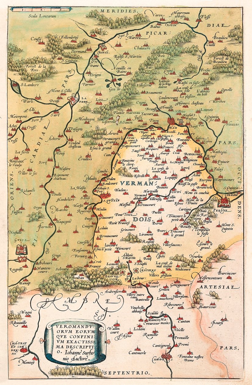 Veromanuorum Eorum que Confinium Accurssima Descript アブラハム・オルテリウス（Oertel, Ortell or Ortel）の「Theatrum Orbis Terrarum」から、ガリア（フランス）のヴェルマンドワとピカルディの領土を描いた地理図です。 作： アブラハム・オルテリウス
