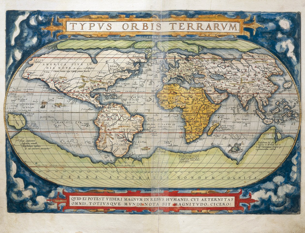アブラハム・オルテリウスの「Theatrum Orbis Terrarum」からの世界地図。 作： アブラハム・オルテリウス