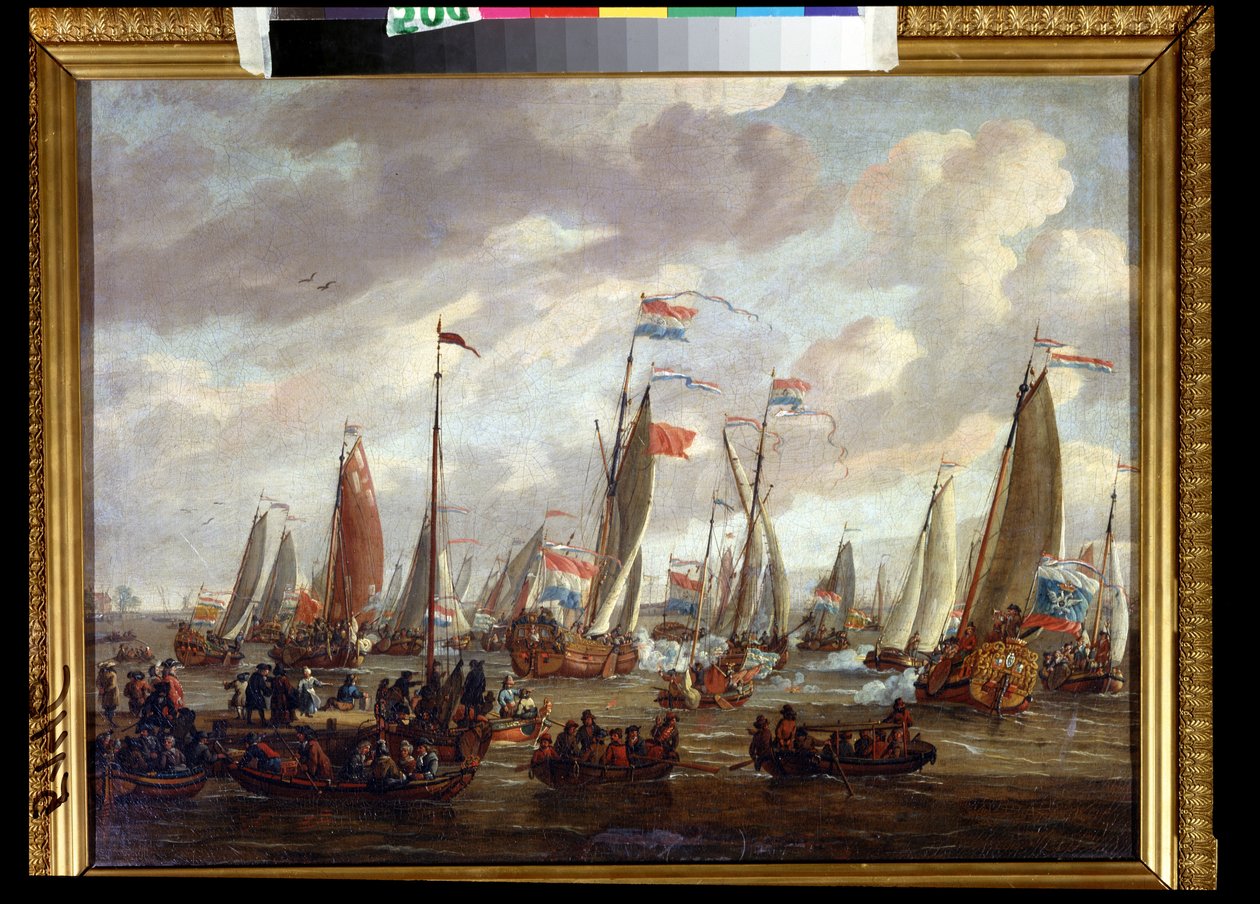 1698 年 1 月にイギリスを訪れたピョートル 1 世 (1698 年 1 月にイギリスを訪れたピョートル 1 世)。 ロシアのピョートル 1 世、ピョートル アレクセーヴィッチ ロマノフ、またはピョートル大帝 (1672-1725)。 Abraham Storck (1635-1710) の絵画。 キャンバスに油彩、48 x 64 cm、deb 作： アブラハム・ストーク