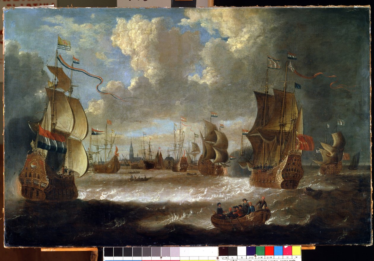 Ships in a lagoon (ラグーンで出荷)。 Abraham Storck (1635-1710) の絵画。 キャンバスに油彩 作： アブラハム・ストーク