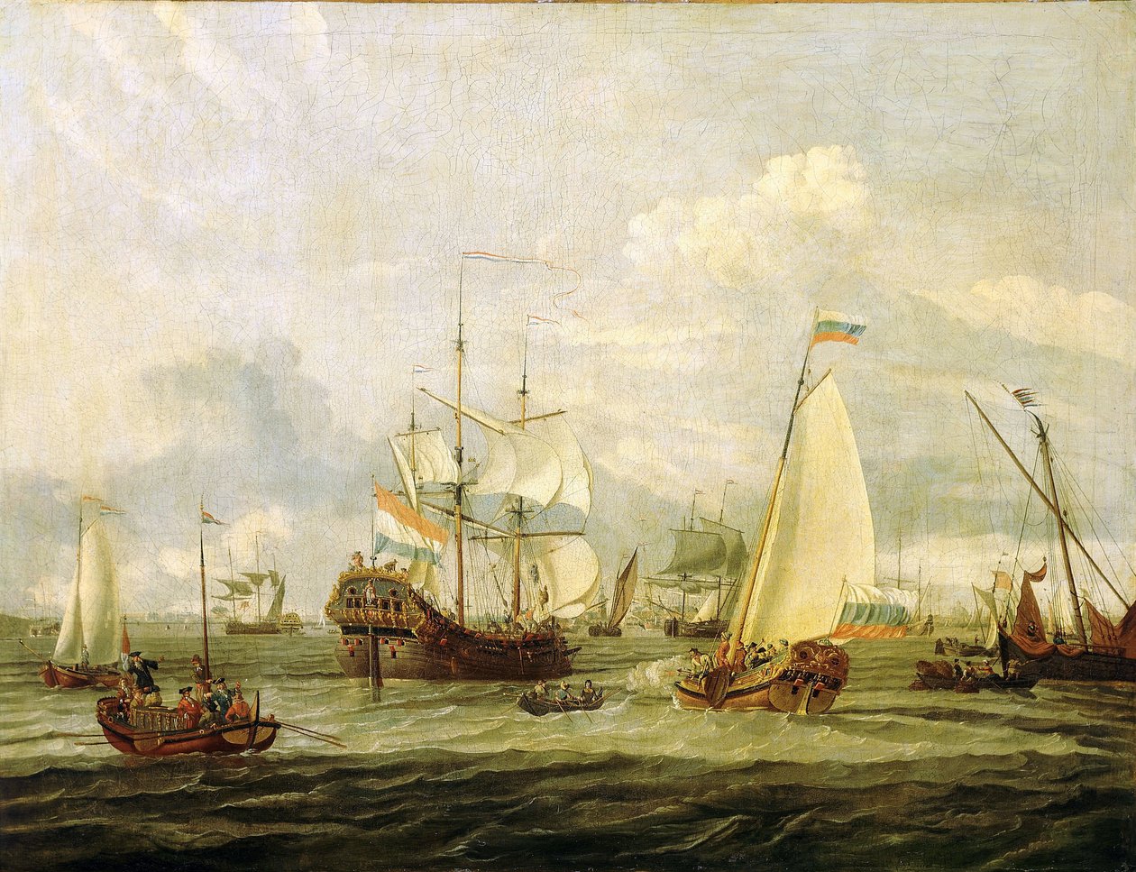 アムステルダム（オランダ）で船を視察するロシア皇帝ピョートル大帝（1672-1725）。アブラハム・ストルク（1635-1710）作、キャンバスに油彩。 作： アブラハム・ストーク