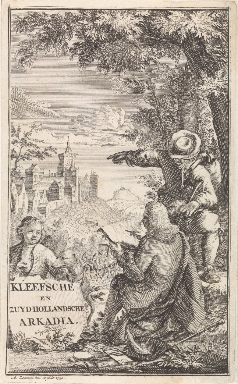トラベラーがクリーブスの街を描く タイトルページ: C. Bruin, Kleefsche en Zuid-Hollandsche Arkadia (...), 1730 作： アブラハム・ジーマン