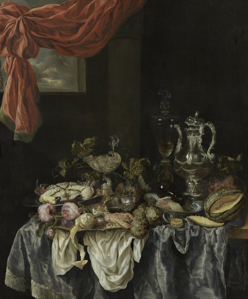 暗いテーブルクロスの上に、ガラスと銀の食器、果物、貝、時計が置かれた豪華な静物画。 作： アブラハム・ファン・バイイレン
