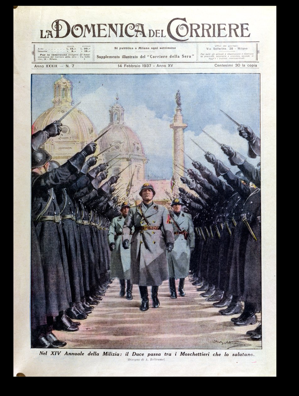 1937年2月14日、「ラドメニカデルコリエール」から民兵をレビューしたベニートムッソリーニ（1883-1945） 作： アキレ・ベルトラーメ