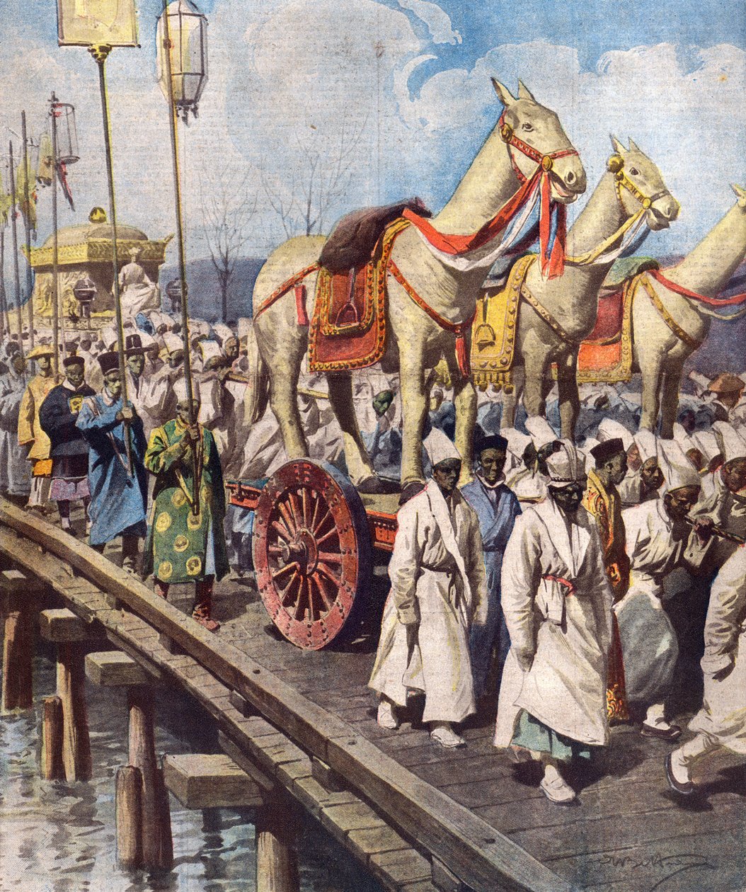 1919年3月の高宗の葬儀行列、大韓帝国の光武天皇、1919年6月1日の「ラドメニカデルコリエール」の表紙イラスト 作： アキレ・ベルトラーメ