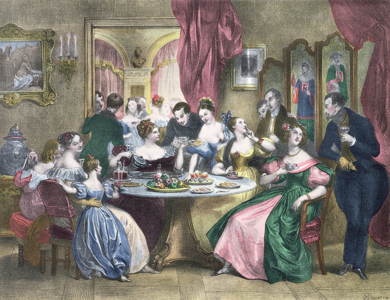 フランスの上流社会のお茶c。 1840 作： アキレ・デベリア