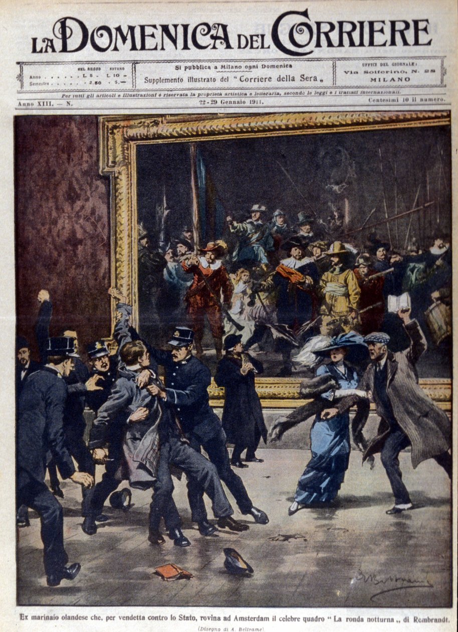 レンブラント・ファン・レイン(1606-1669)の名画「夜回り」を元オランダ人船員が強奪しようとした。La Domenica del corriere "の表紙、ill. de Beltrame、1911年1月。 作： アキレ・ベルトラーメ